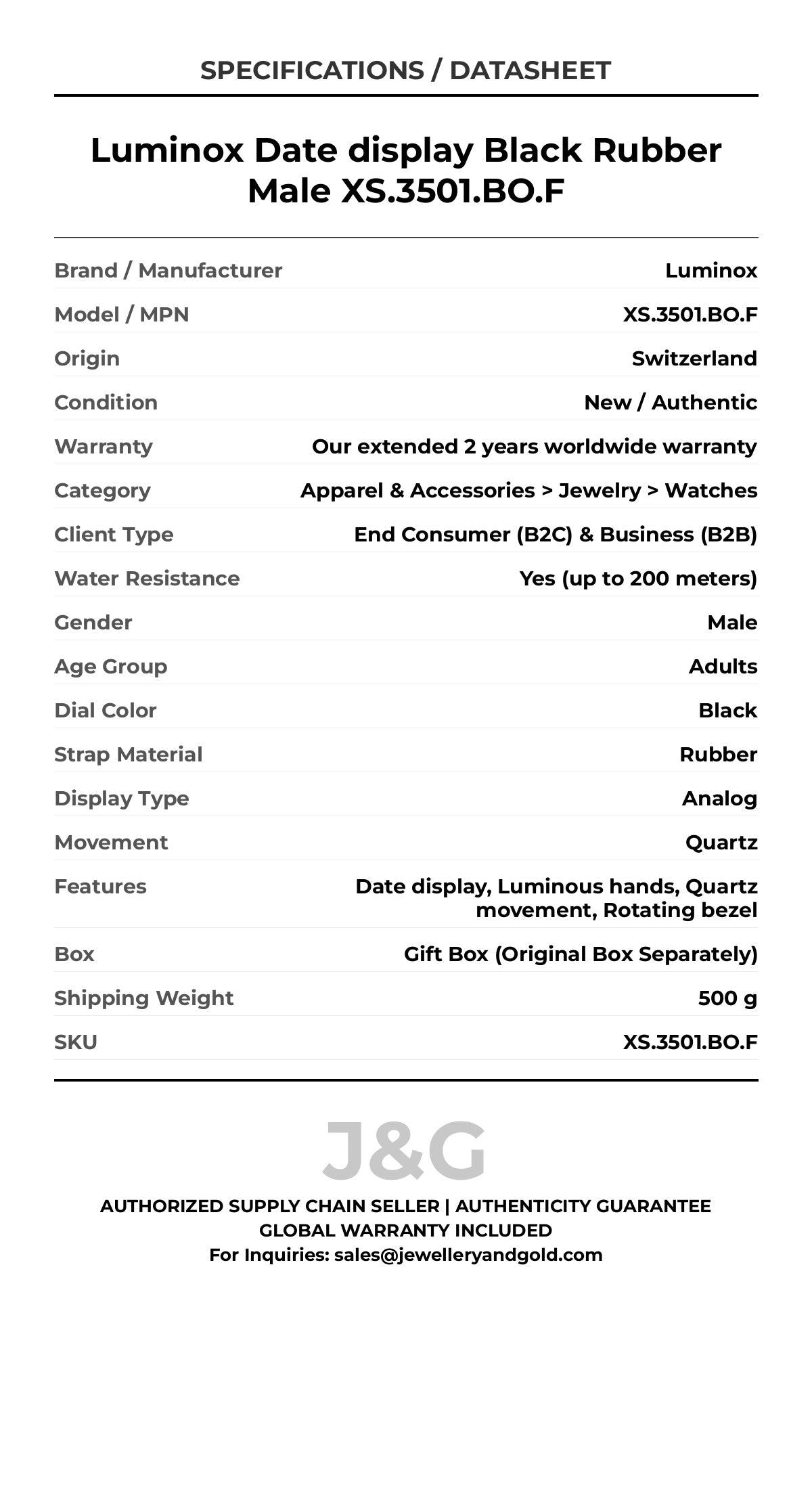 Luminox Date display Black Rubber Male XS.3501.BO.F - Specifications