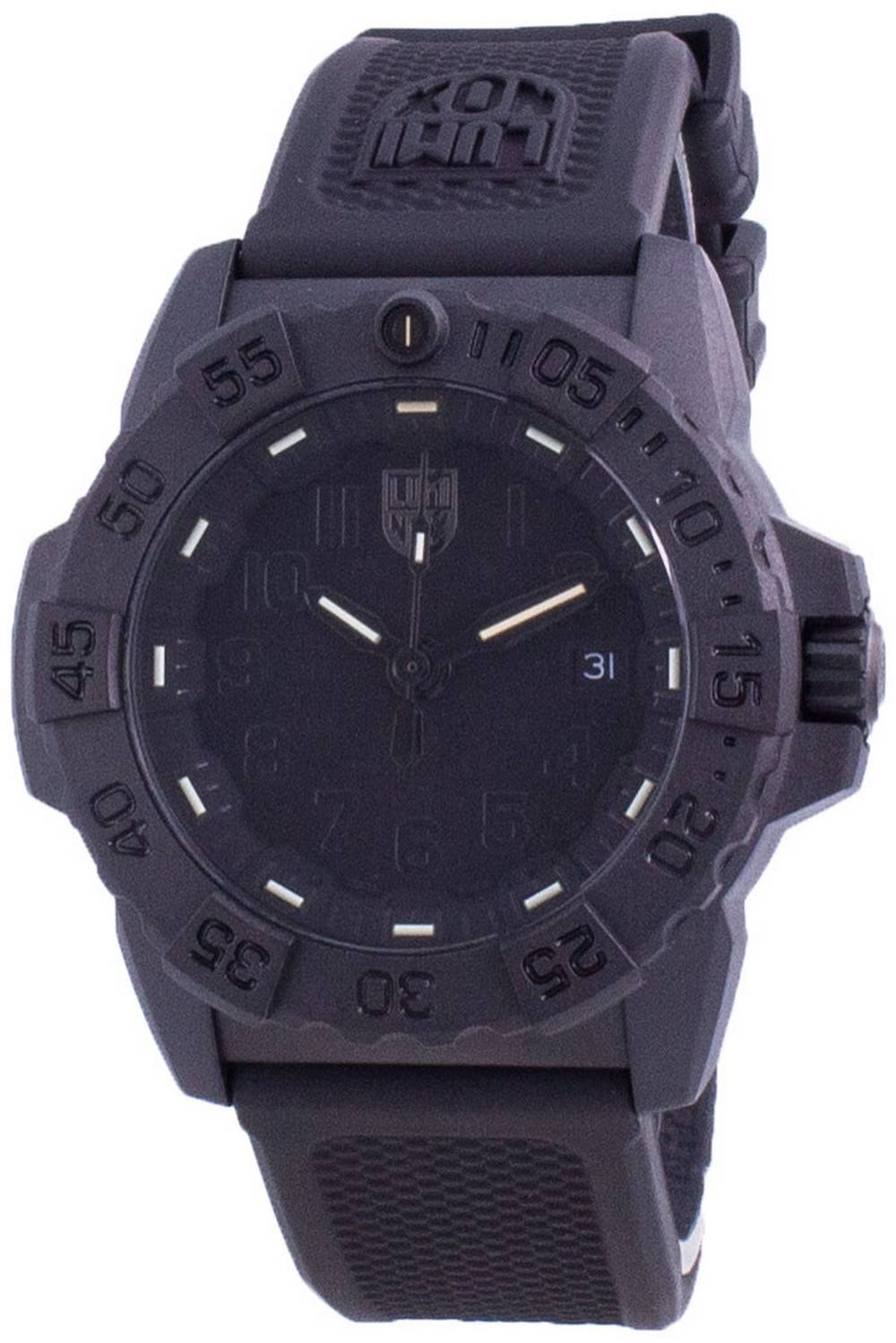 Luminox Date display Black Rubber Male XS.3501.BO.F. A brand-new Luminox watch featuring a Black dial and a Rubber strap. Angled view.