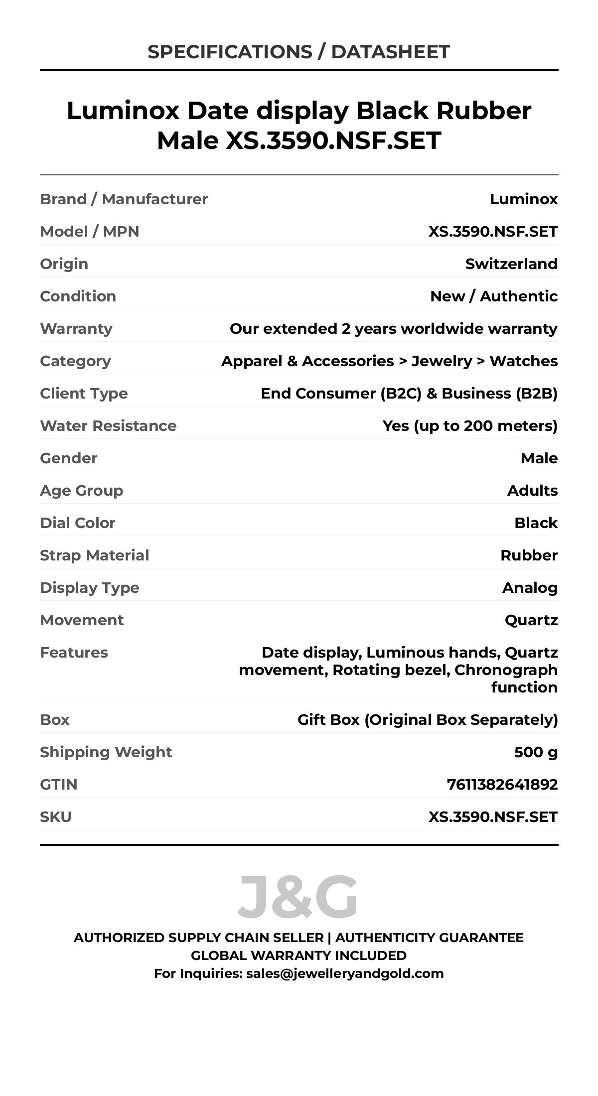 Luminox Date display Black Rubber Male XS.3590.NSF.SET - Specifications