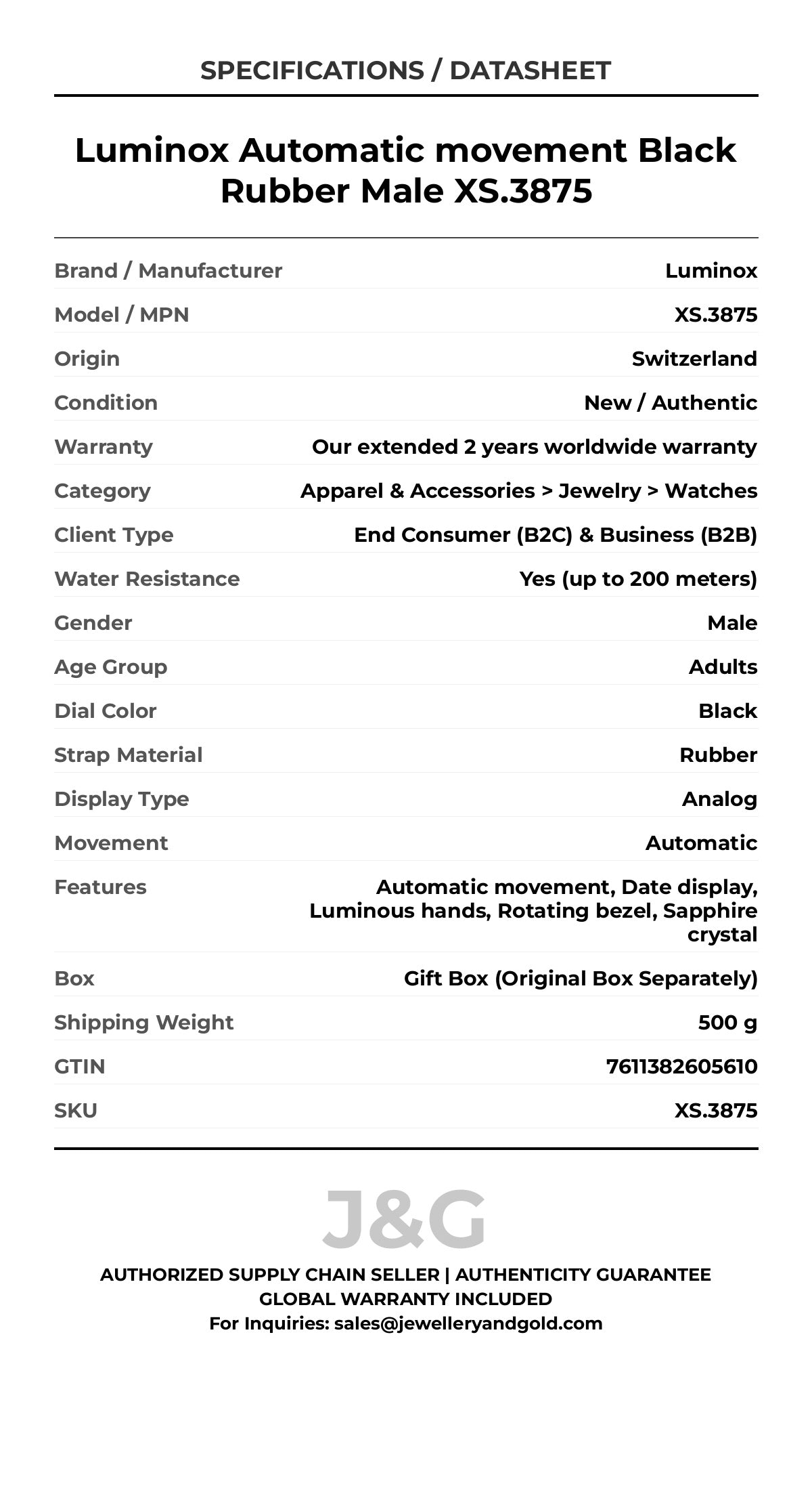 Luminox Automatic movement Black Rubber Male XS.3875 - Specifications