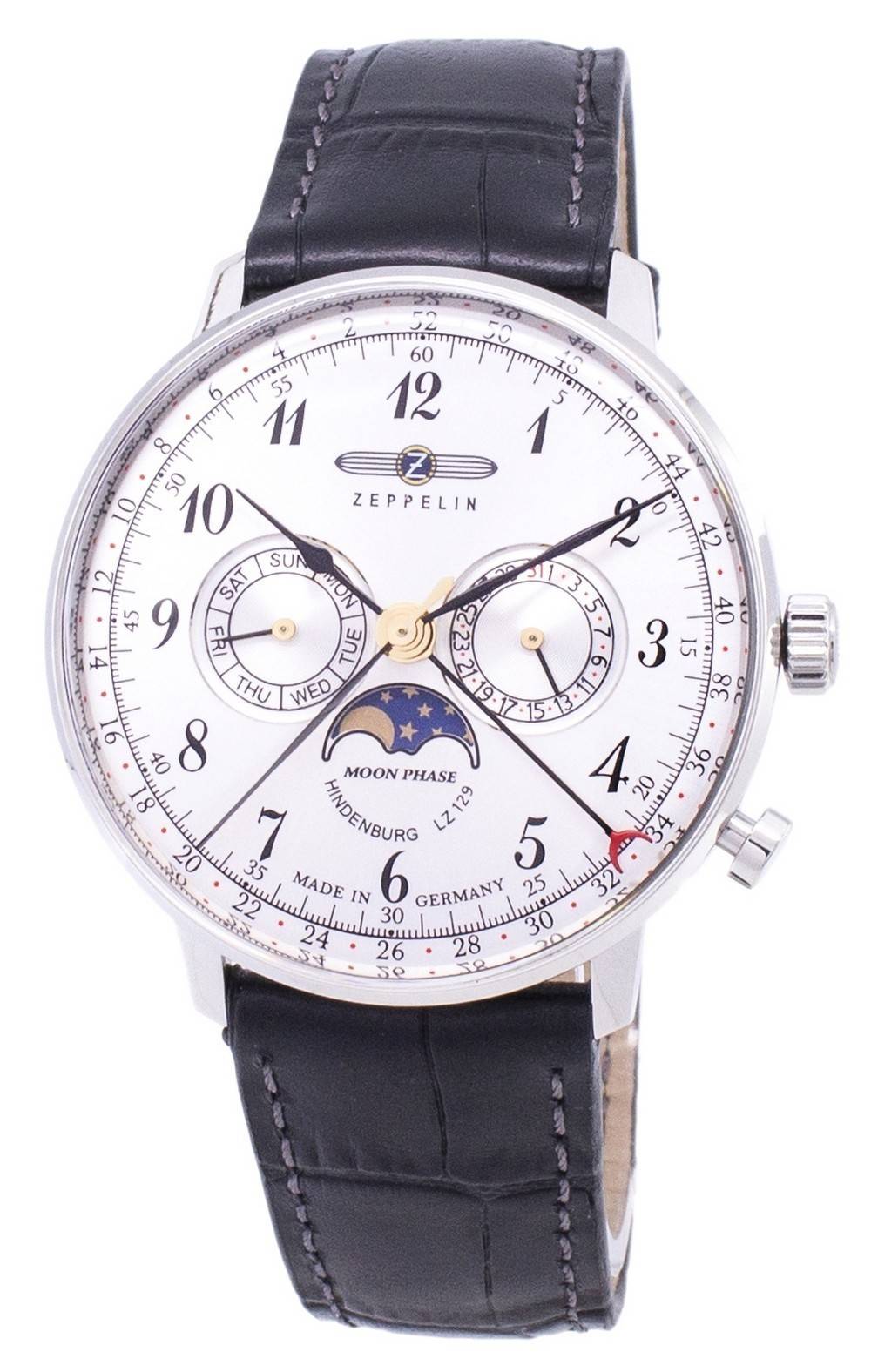Zeppelin Hindenburg Date display White Leather Male Z70361. A brand-new Zeppelin Hindenburg watch featuring a White dial and a Leather strap. Front view.