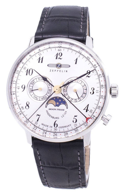 Zeppelin Hindenburg Date display White Leather Male Z70361. A brand-new Zeppelin Hindenburg watch featuring a White dial and a Leather strap. Front view.