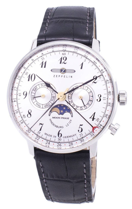 Zeppelin Hindenburg Date display White Leather Male Z70361. A brand-new Zeppelin Hindenburg watch featuring a White dial and a Leather strap. Front view.