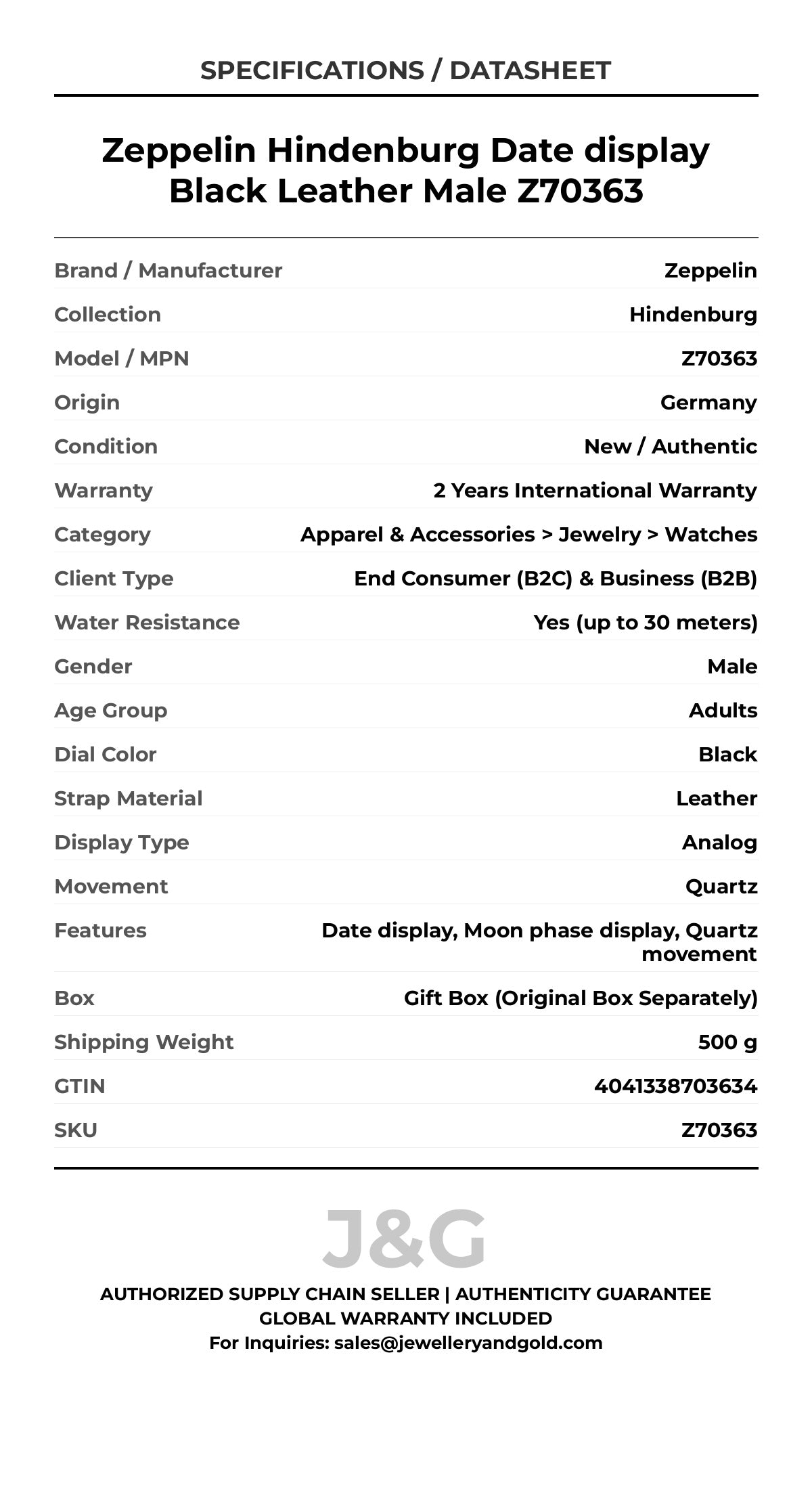 Zeppelin Hindenburg Date display Black Leather Male Z70363 - Specifications