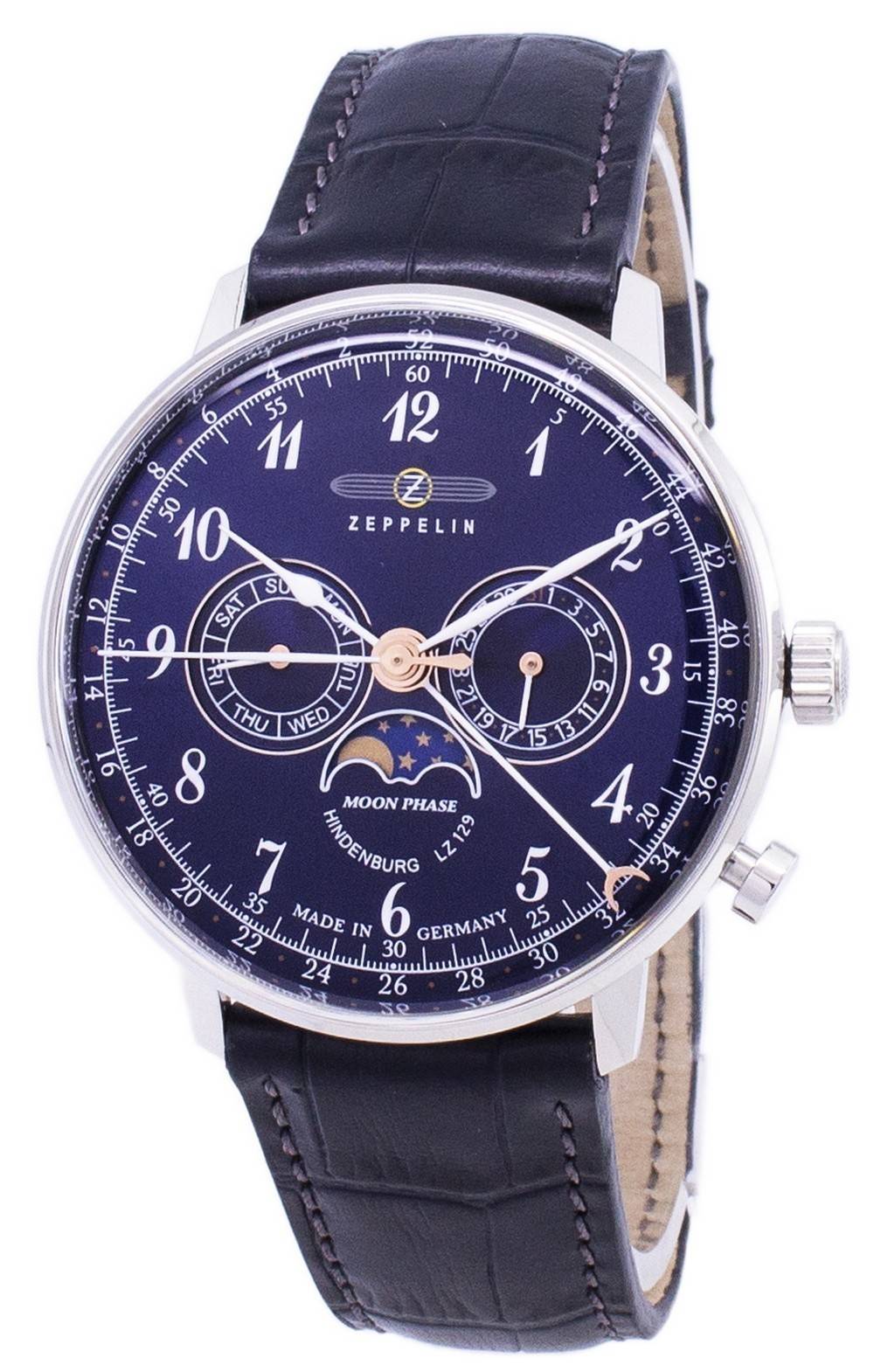 Zeppelin Hindenburg Date display Black Leather Male Z70363. A brand-new Zeppelin Hindenburg watch featuring a Black dial and a Leather strap. Angled view.