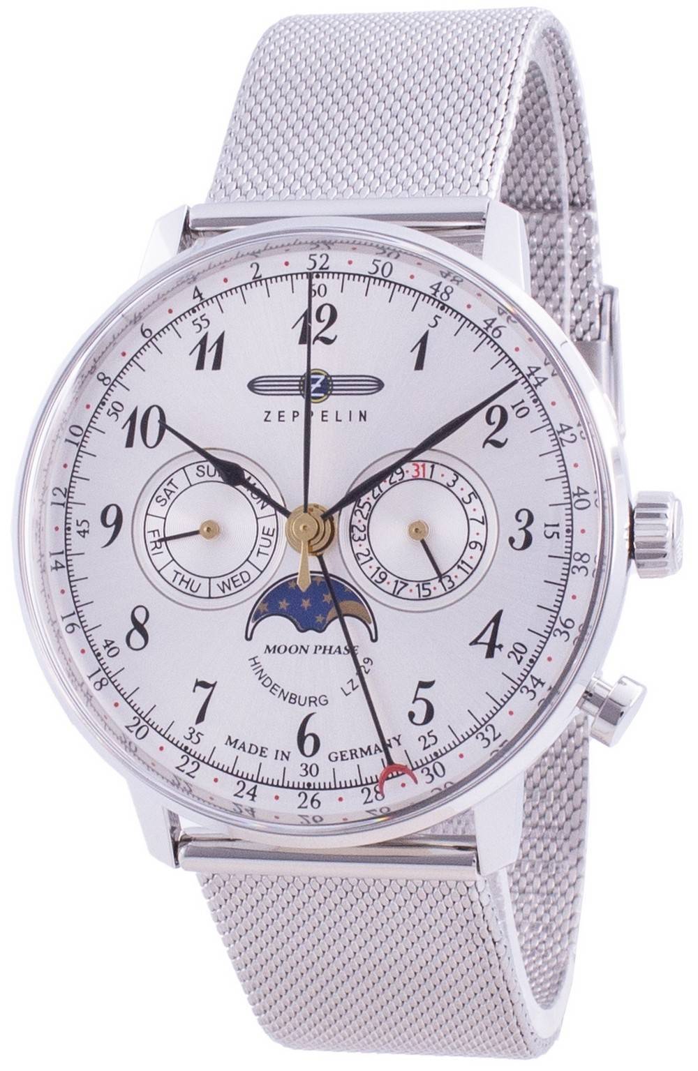 Zeppelin Hindenburg Date display White Stainless steel Male Z7036M1. A brand-new Zeppelin Hindenburg watch featuring a White dial and a Stainless steel strap. Front view.