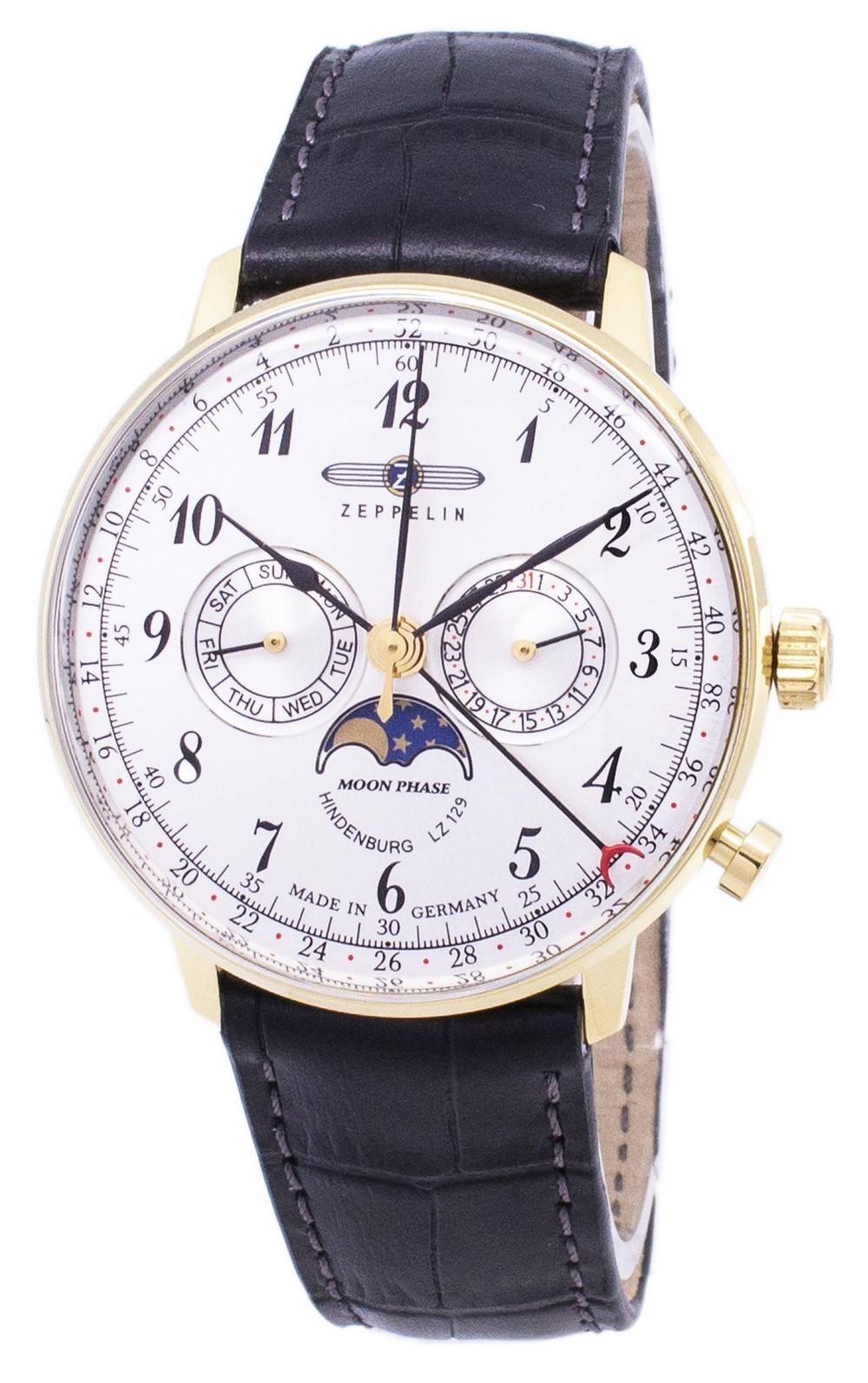 Zeppelin Hindenburg Date display White Leather Male Z70381. A brand-new Zeppelin Hindenburg watch featuring a White dial and a Leather strap. Angled view.