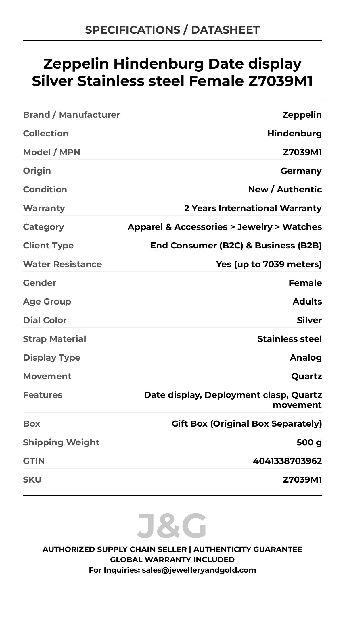 Zeppelin Hindenburg Date display Silver Stainless steel Female Z7039M1 - Specifications