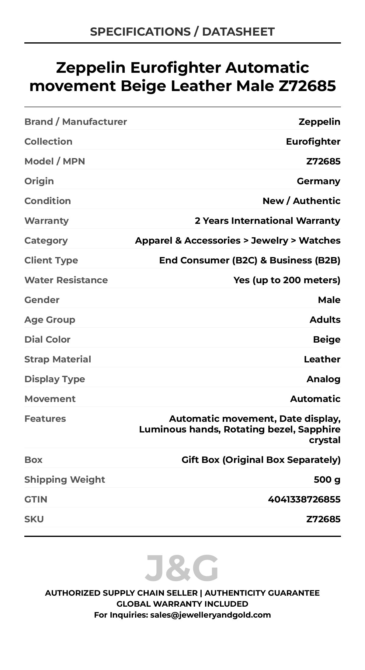 Zeppelin Eurofighter Automatic movement Beige Leather Male Z72685 - Specifications