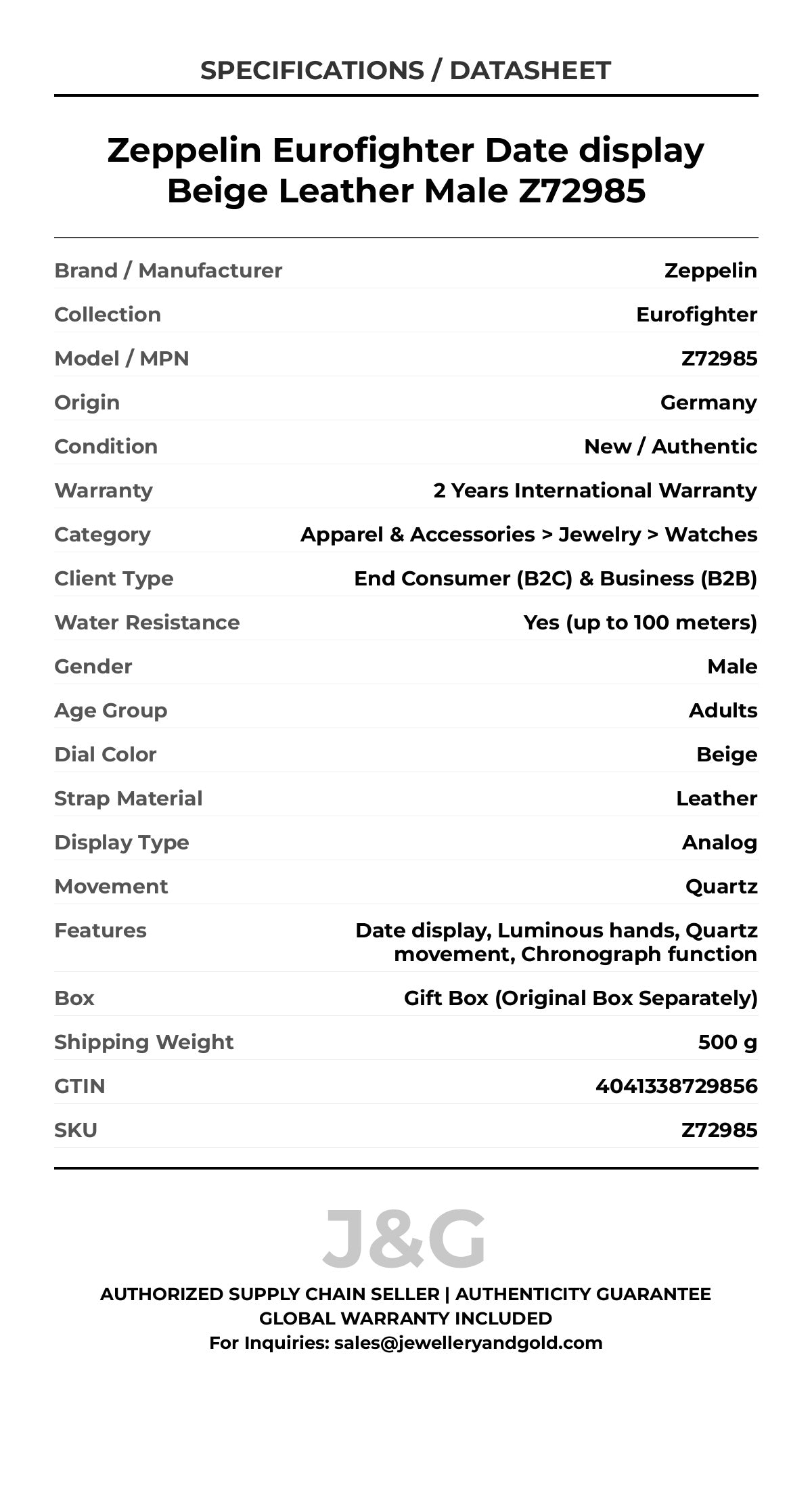 Zeppelin Eurofighter Date display Beige Leather Male Z72985 - Specifications