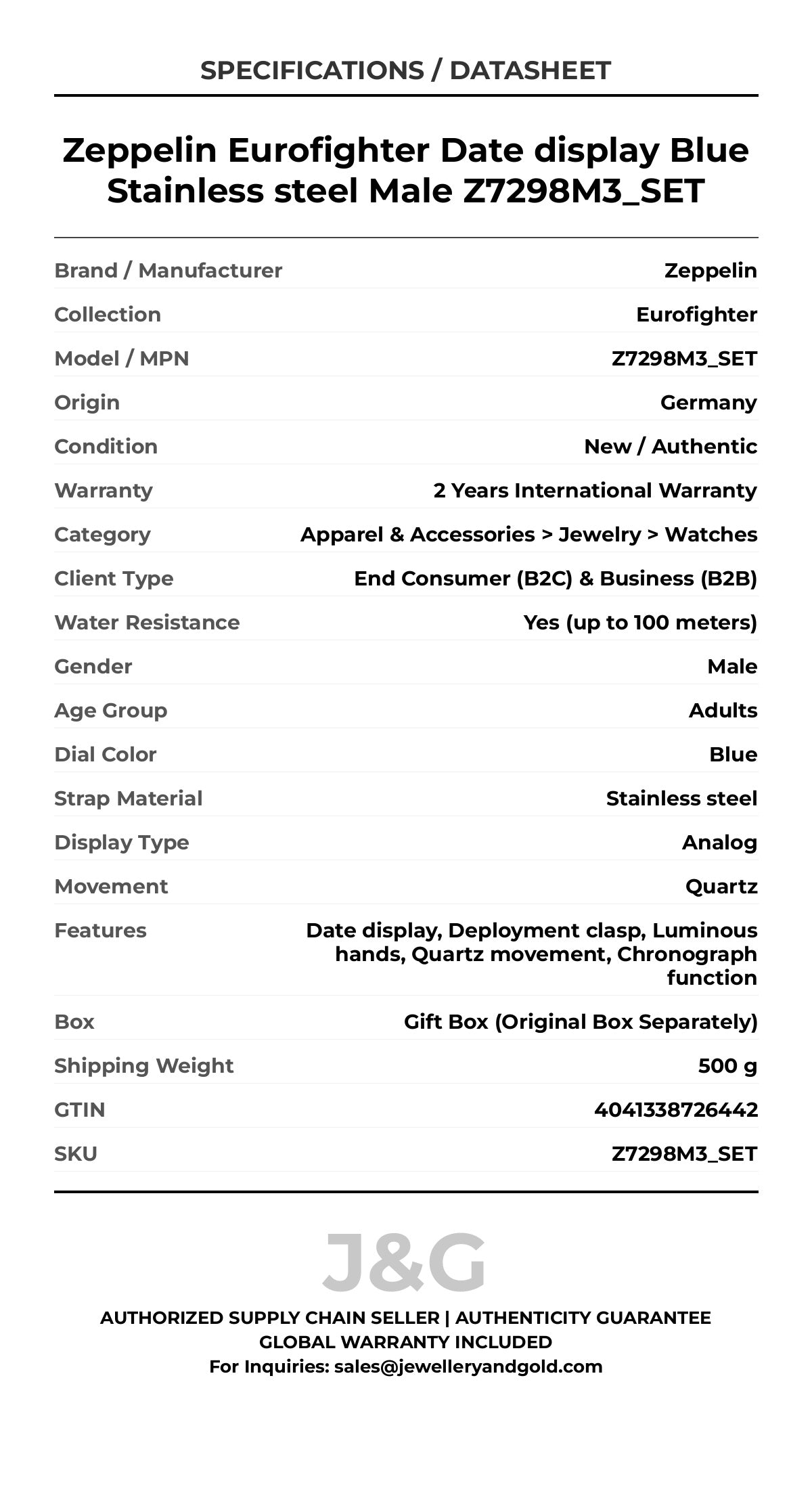 Zeppelin Eurofighter Date display Blue Stainless steel Male Z7298M3_SET - Specifications