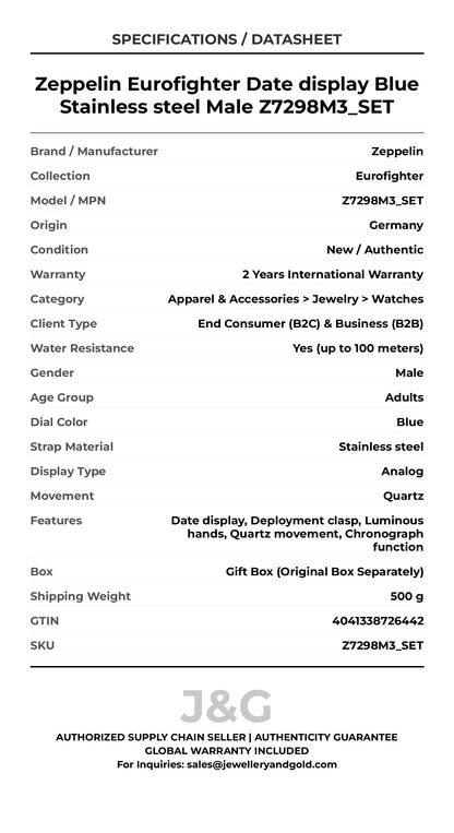 Zeppelin Eurofighter Date display Blue Stainless steel Male Z7298M3_SET - Specifications
