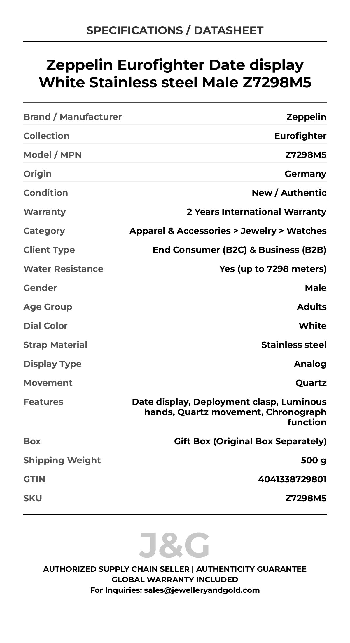Zeppelin Eurofighter Date display White Stainless steel Male Z7298M5 - Specifications