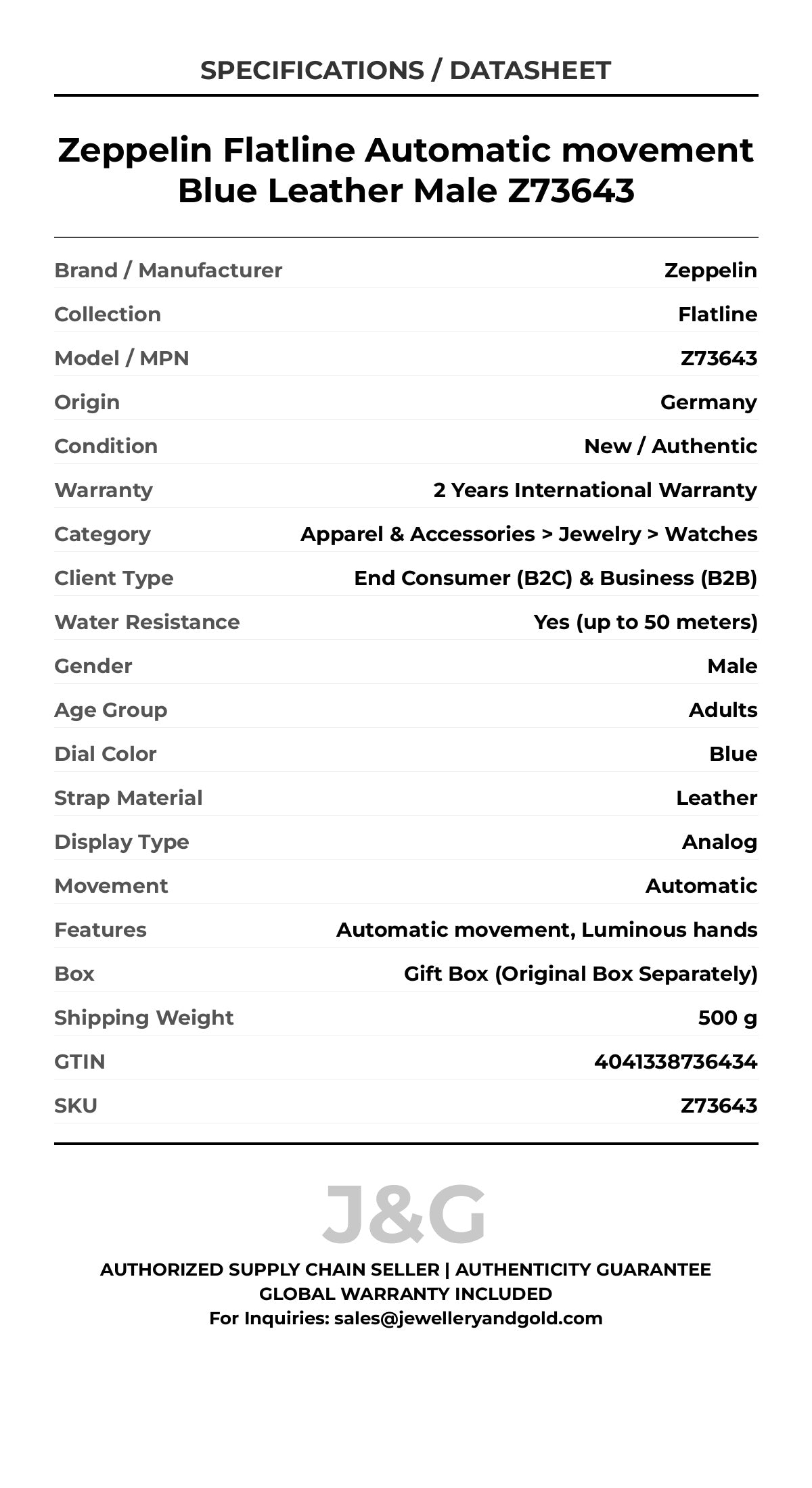 Zeppelin Flatline Automatic movement Blue Leather Male Z73643 - Specifications