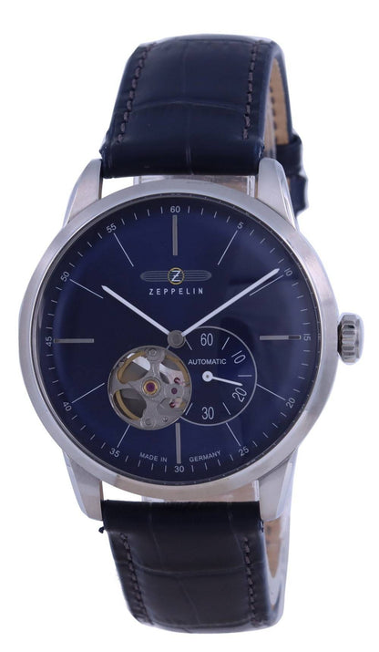Zeppelin Flatline Automatic movement Blue Leather Male Z73643. A brand-new Zeppelin Flatline watch featuring a Blue dial and a Leather strap. Front view.