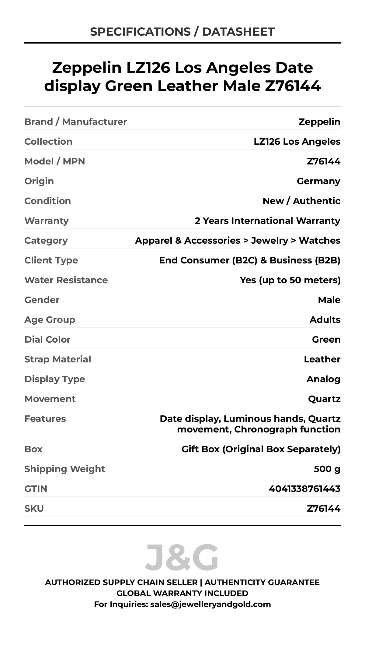 Zeppelin LZ126 Los Angeles Date display Green Leather Male Z76144 - Specifications
