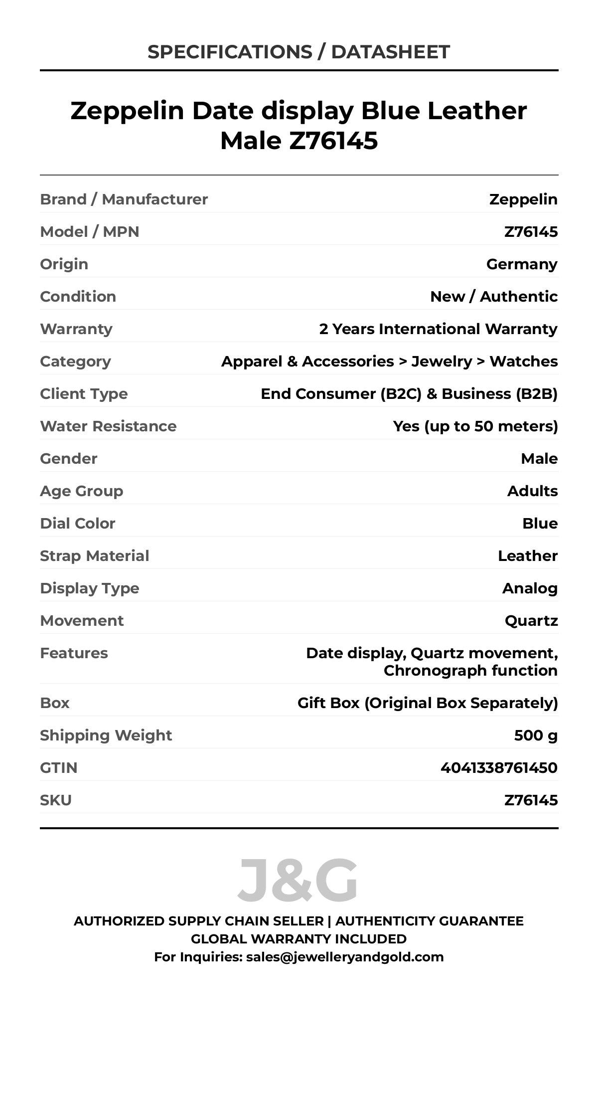 Zeppelin Date display Blue Leather Male Z76145 - Specifications