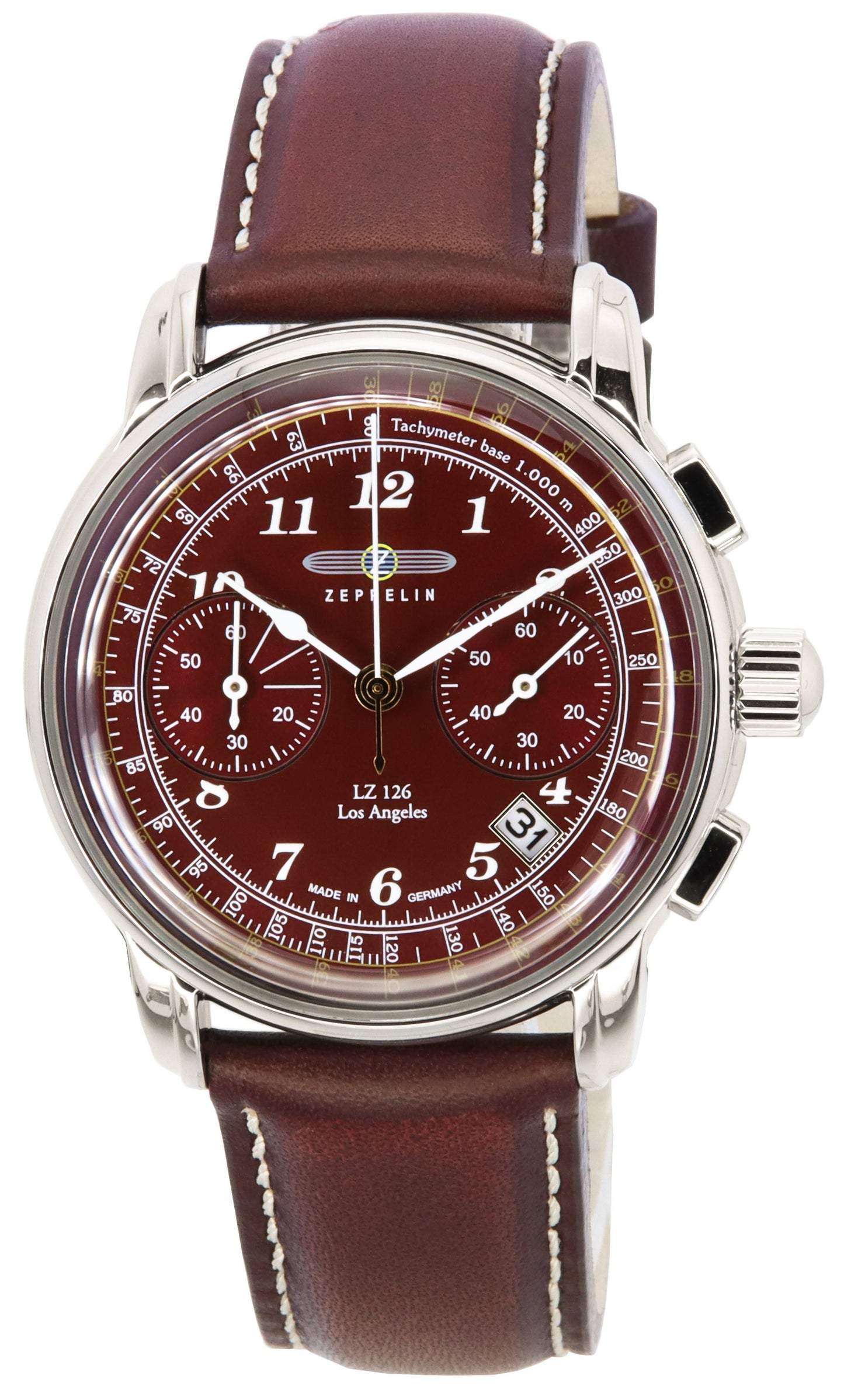 Zeppelin LZ126 Los Angeles Date display Burgundy Leather Male Z76146. A brand-new Zeppelin LZ126 Los Angeles watch featuring a Burgundy dial and a Leather strap. Angled view.