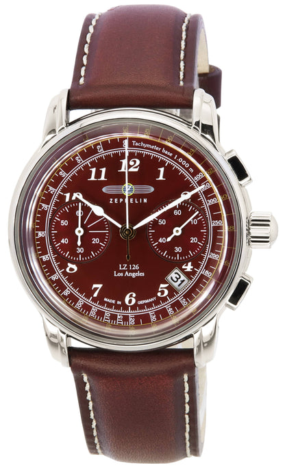 Zeppelin LZ126 Los Angeles Date display Burgundy Leather Male Z76146. A brand-new Zeppelin LZ126 Los Angeles watch featuring a Burgundy dial and a Leather strap. Angled view.
