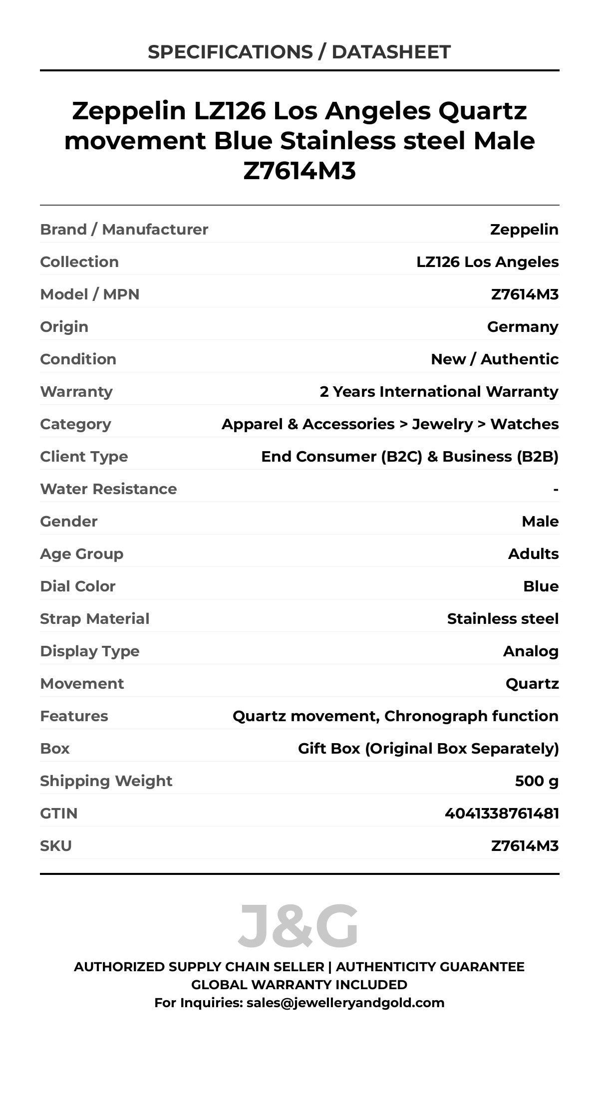 Zeppelin LZ126 Los Angeles Quartz movement Blue Stainless steel Male Z7614M3 - Specifications