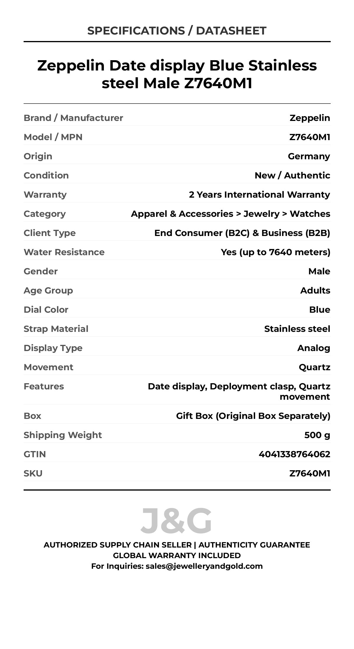 Zeppelin Date display Blue Stainless steel Male Z7640M1 - Specifications