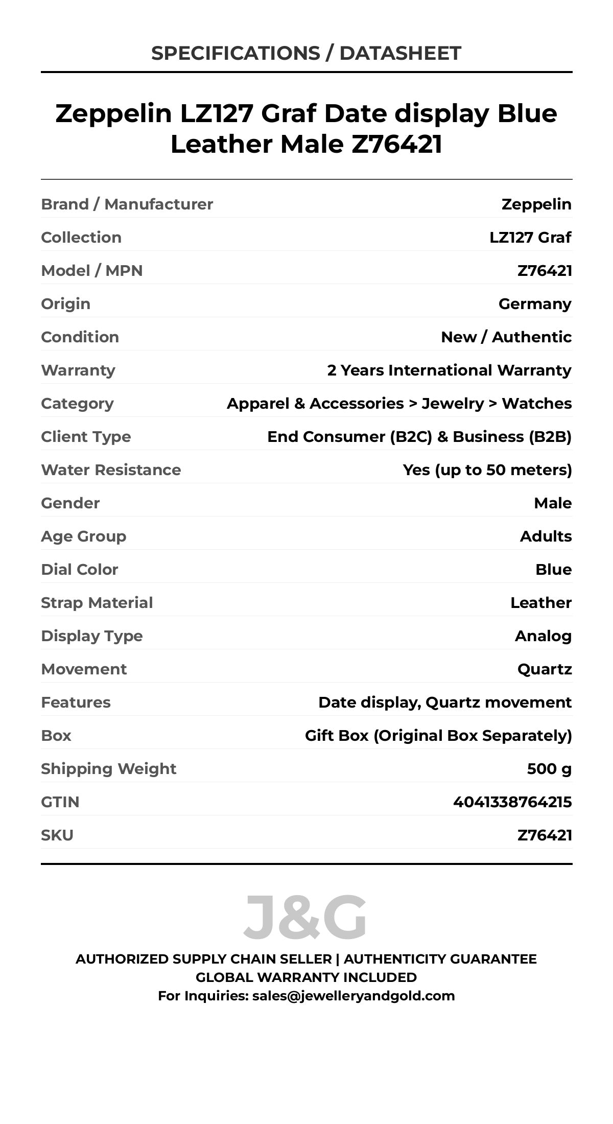 Zeppelin LZ127 Graf Date display Blue Leather Male Z76421 - Specifications
