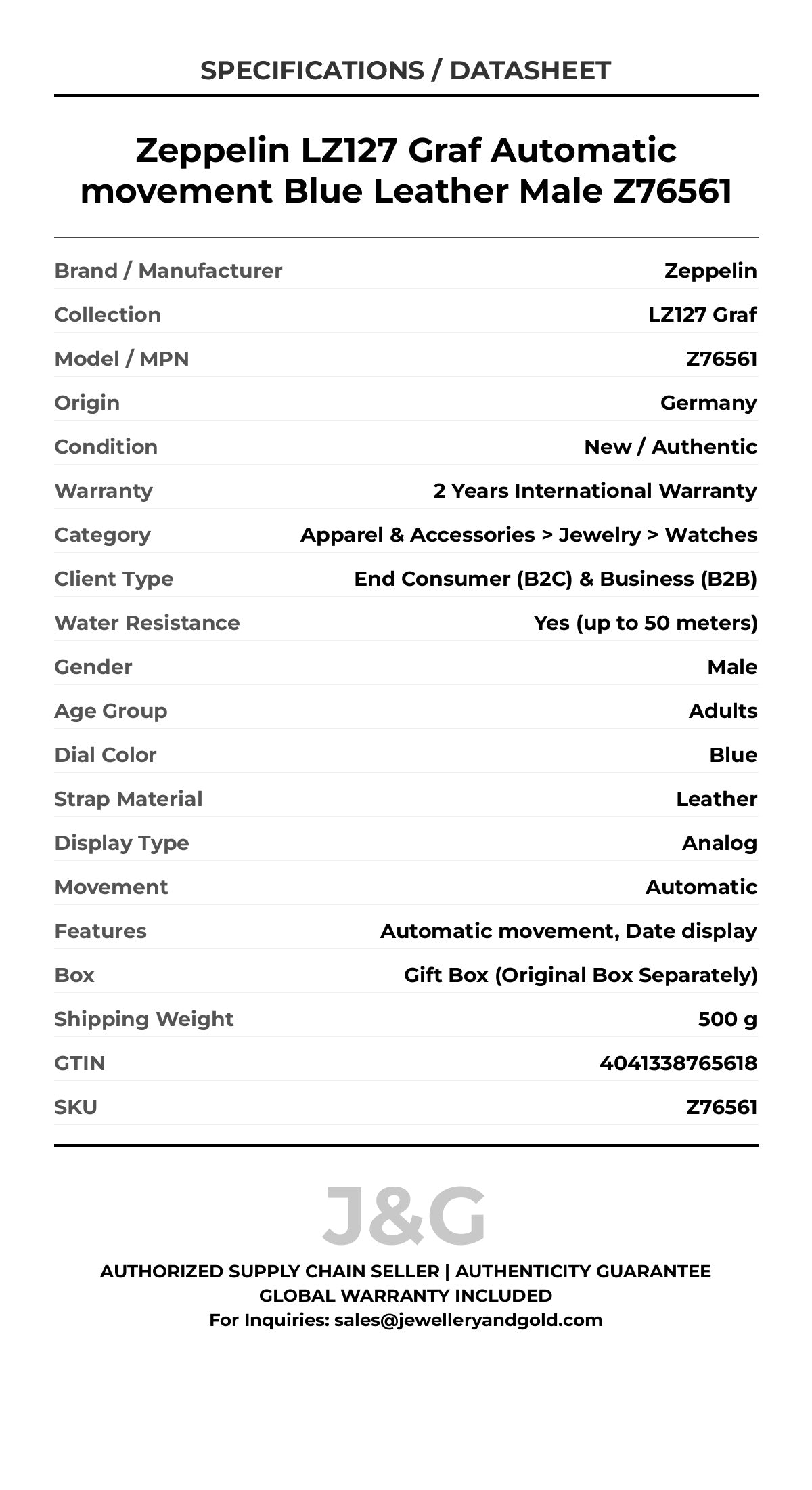 Zeppelin LZ127 Graf Automatic movement Blue Leather Male Z76561 - Specifications