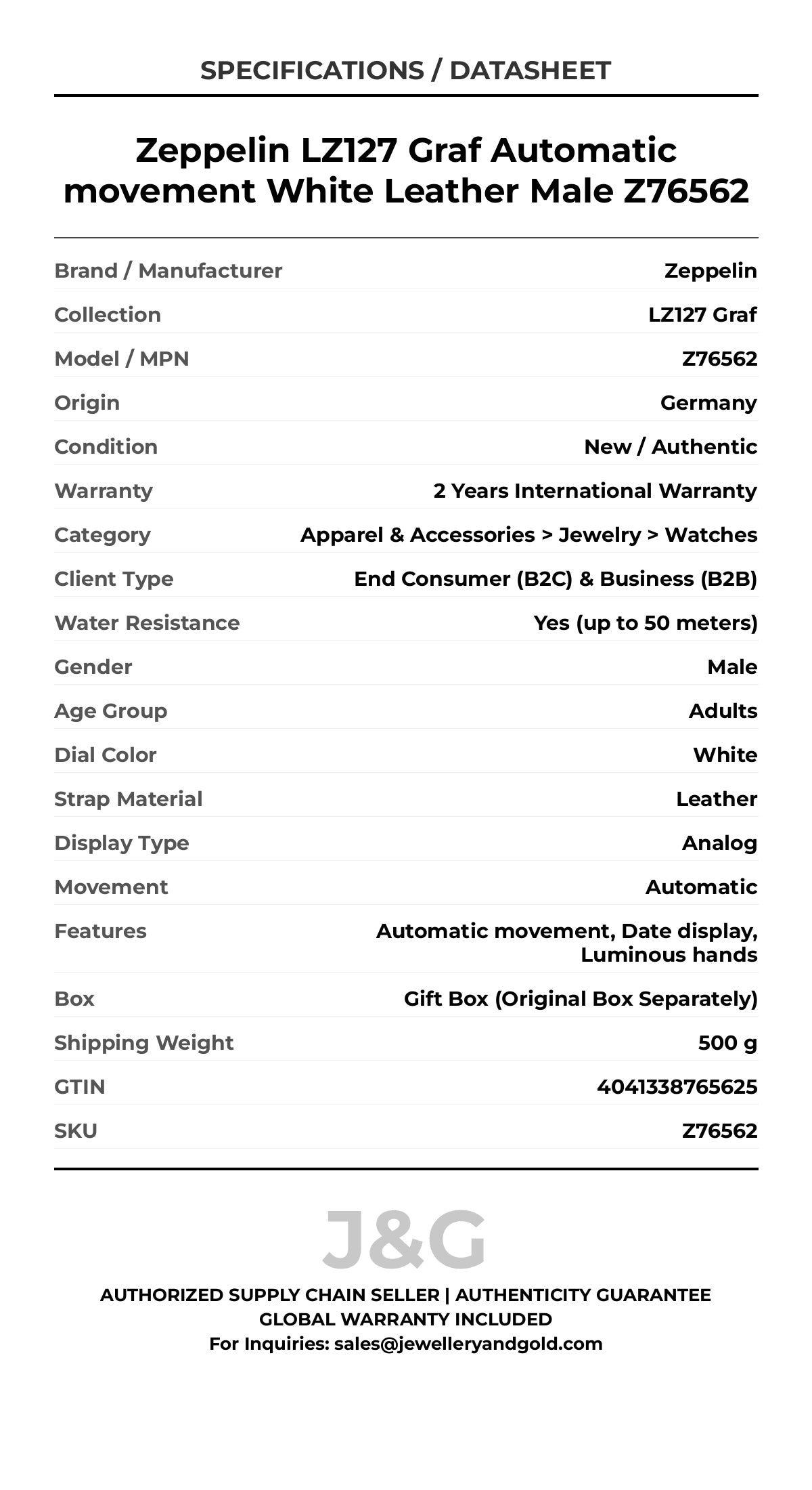 Zeppelin LZ127 Graf Automatic movement White Leather Male Z76562 - Specifications