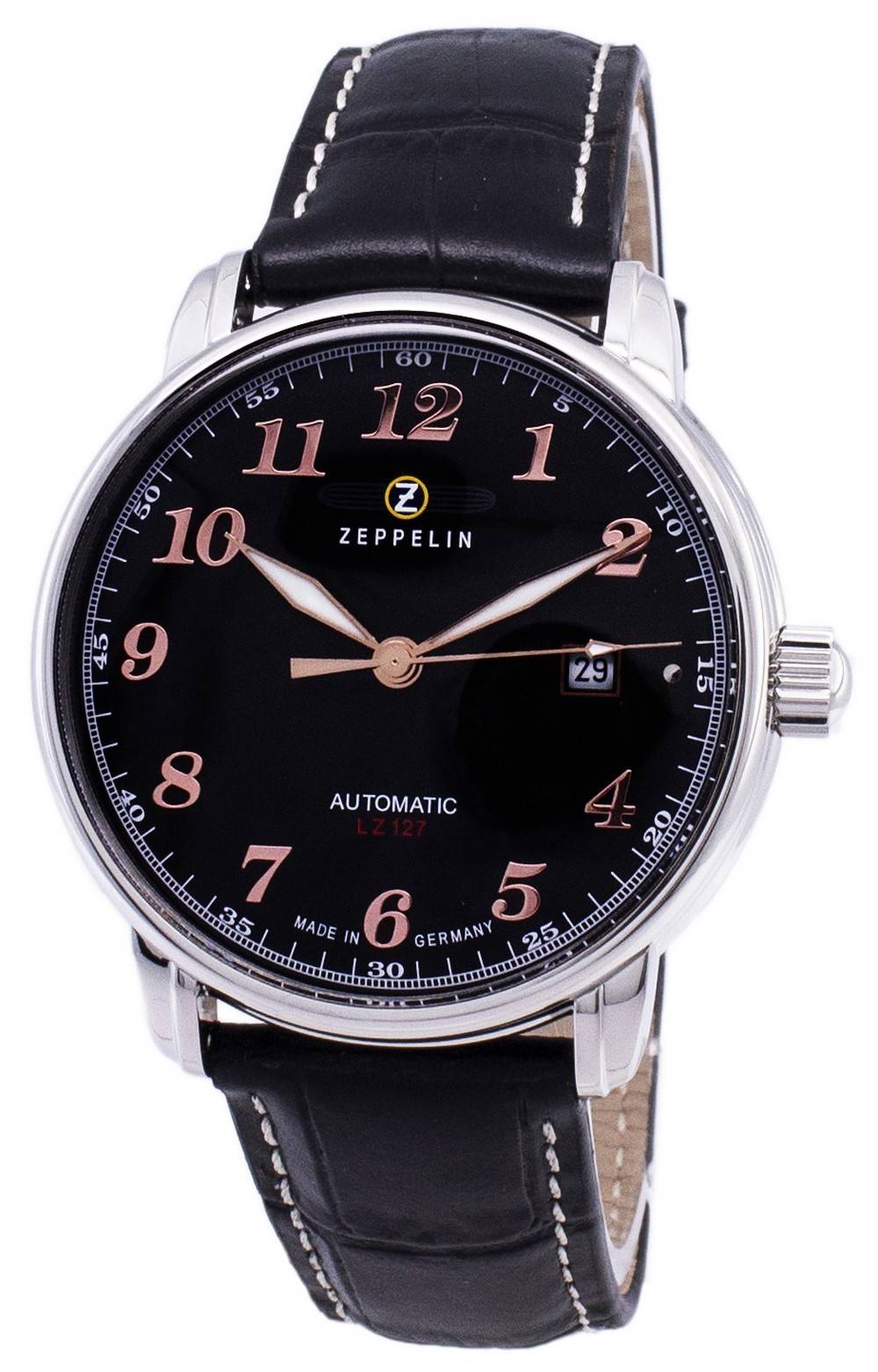 Zeppelin LZ127 Graf Automatic movement White Leather Male Z76562. A brand-new Zeppelin LZ127 Graf watch featuring a White dial and a Leather strap. Side view.