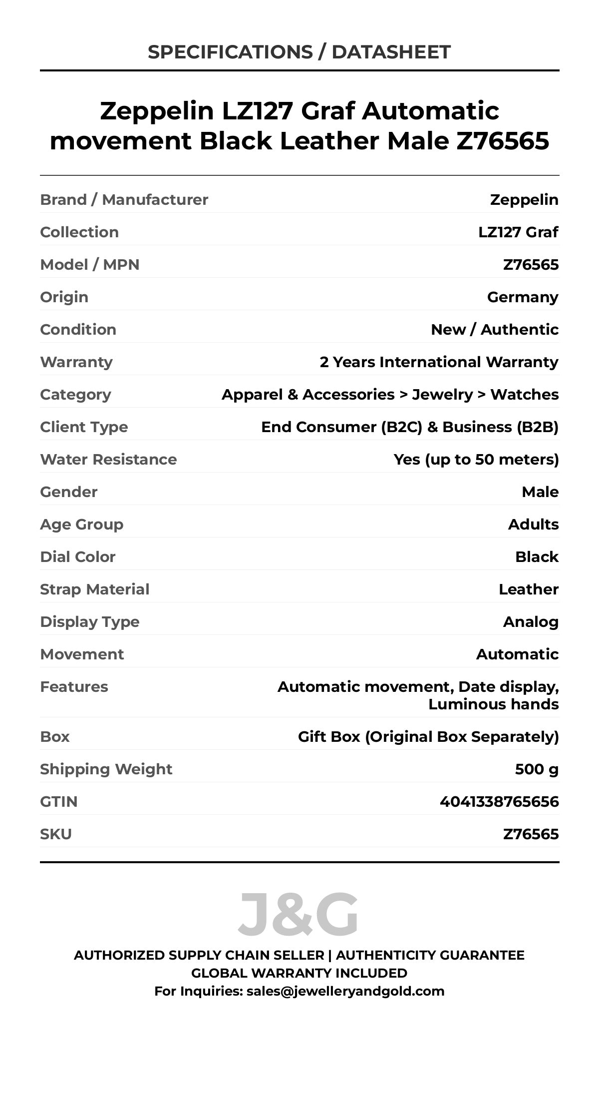 Zeppelin LZ127 Graf Automatic movement Black Leather Male Z76565 - Specifications