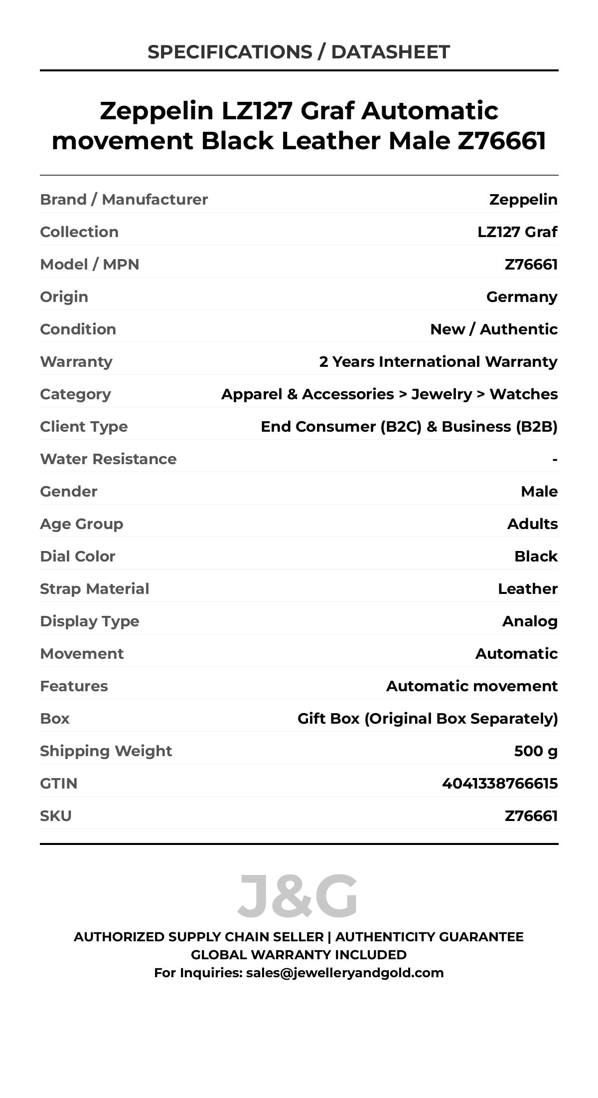 Zeppelin LZ127 Graf Automatic movement Black Leather Male Z76661 - Specifications