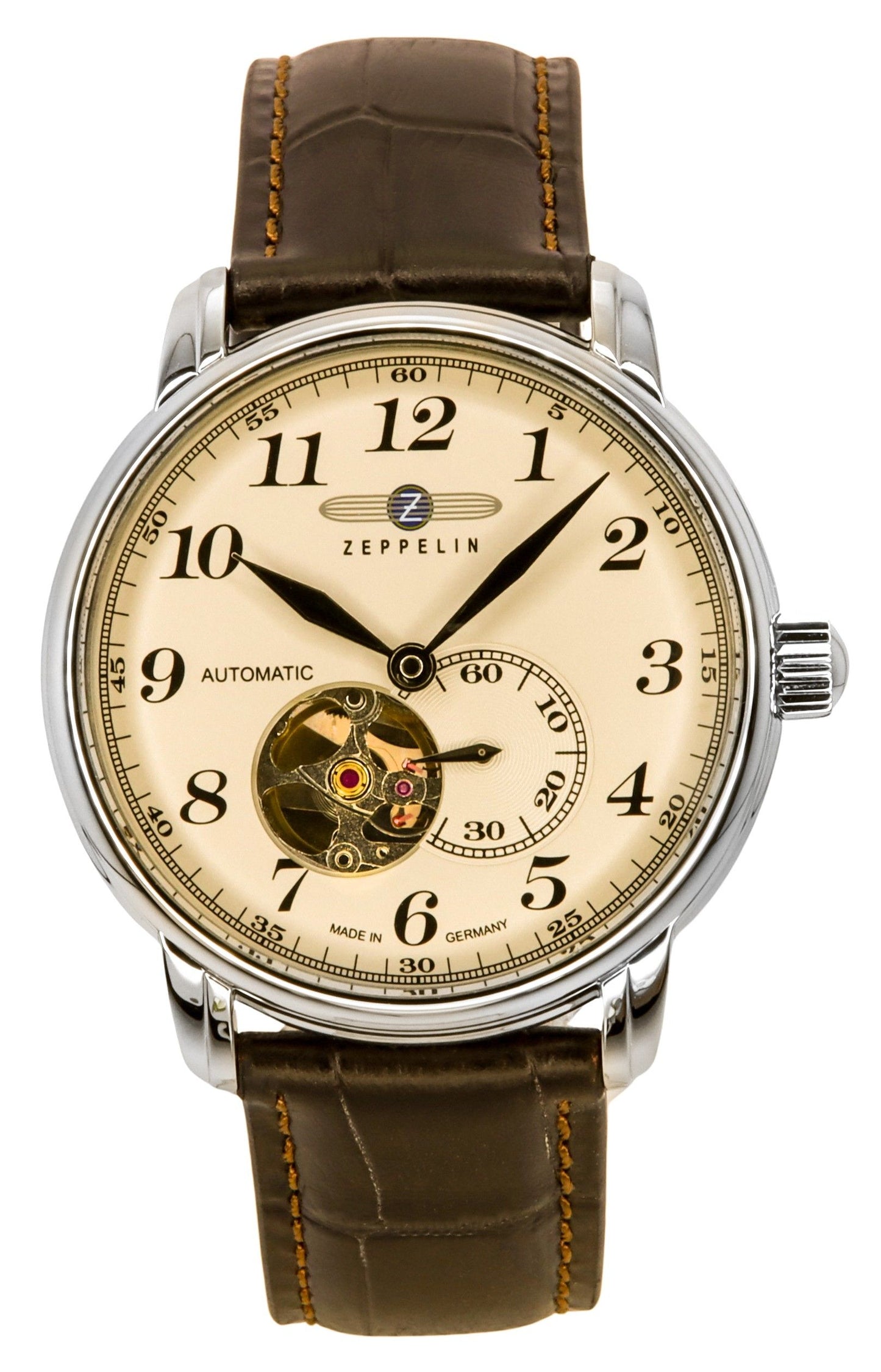 Zeppelin LZ127 Graf Automatic movement Black Leather Male Z76665. A brand-new Zeppelin LZ127 Graf watch featuring a Black dial and a Leather strap. Front view.