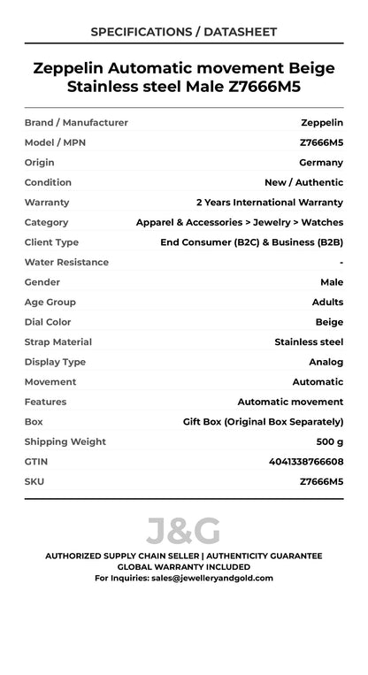 Zeppelin Automatic movement Beige Stainless steel Male Z7666M5 - Specifications