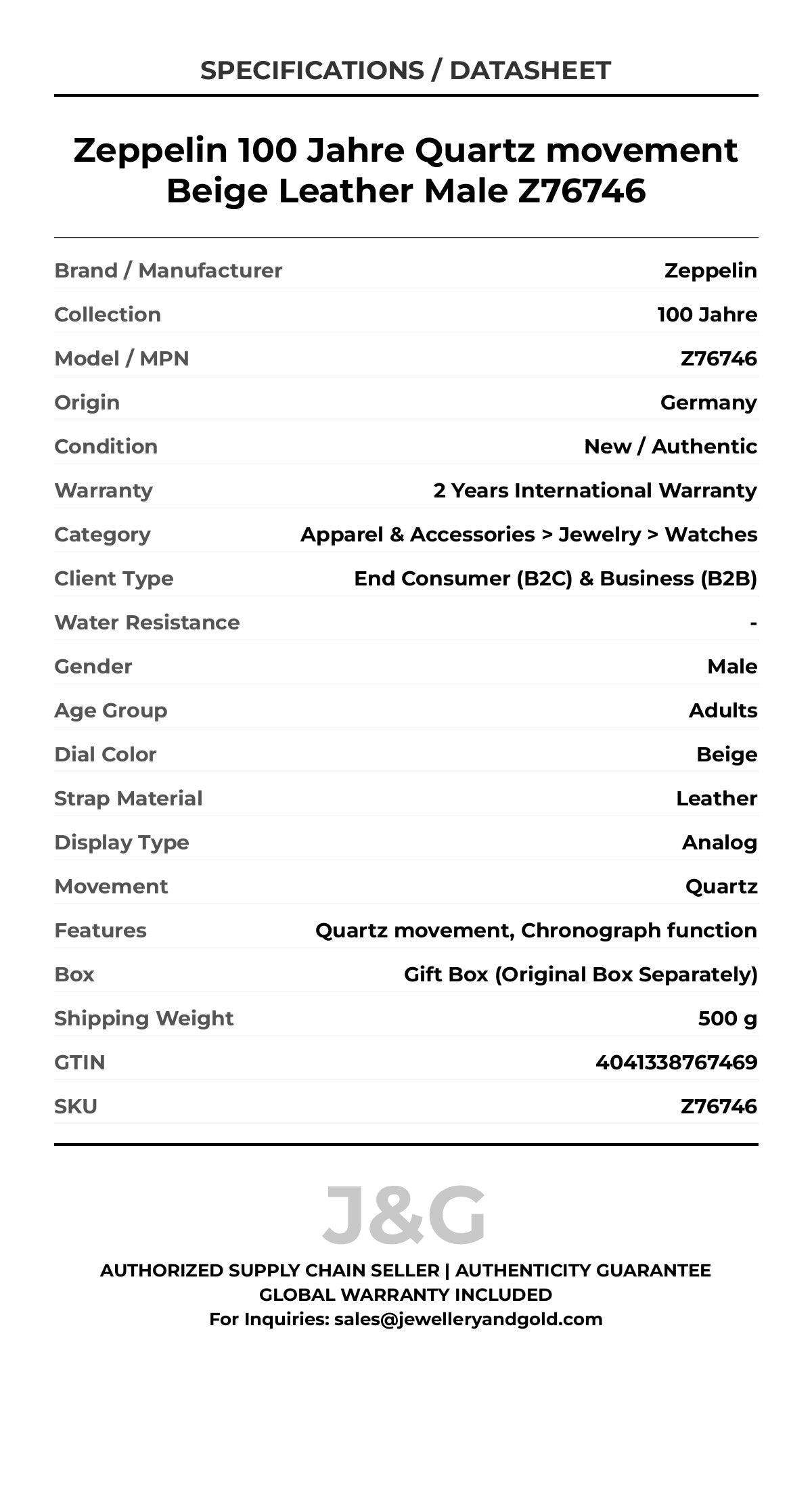 Zeppelin 100 Jahre Quartz movement Beige Leather Male Z76746 - Specifications