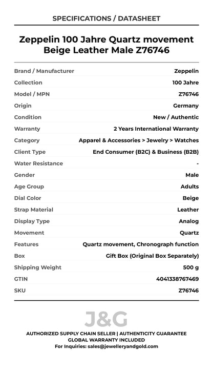 Zeppelin 100 Jahre Quartz movement Beige Leather Male Z76746 - Specifications
