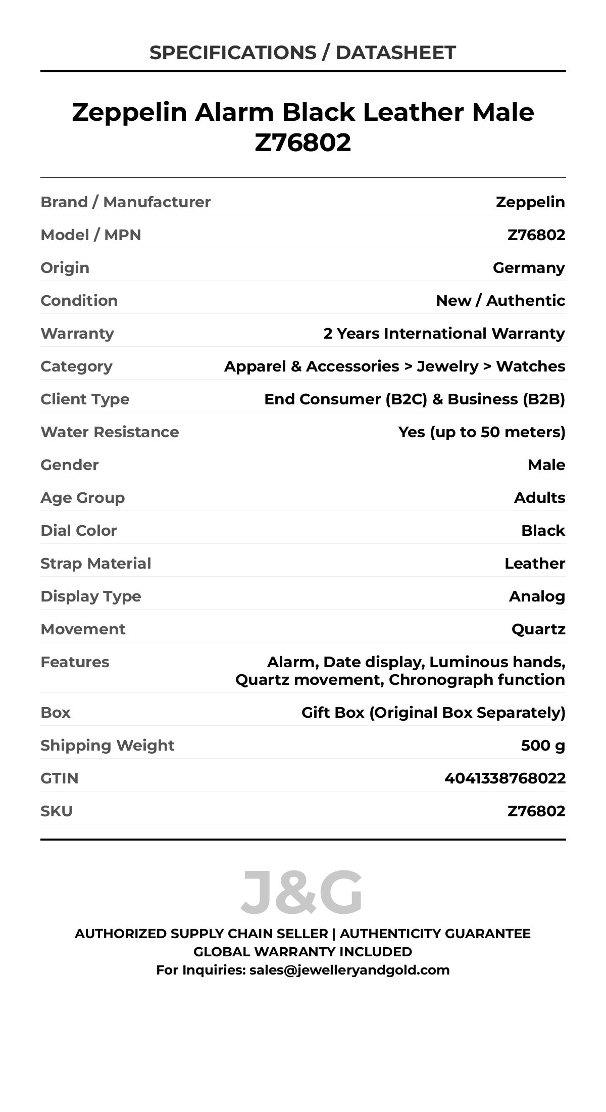 Zeppelin Alarm Black Leather Male Z76802 - Specifications