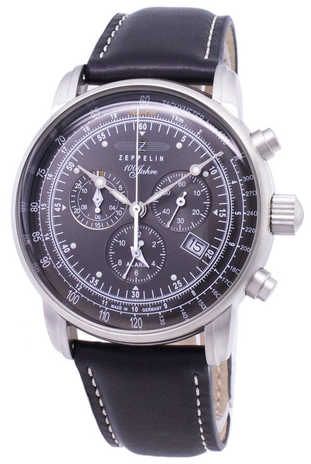 Zeppelin Alarm Black Leather Male Z76802. A brand-new Zeppelin watch featuring a Black dial and a Leather strap. Side view.