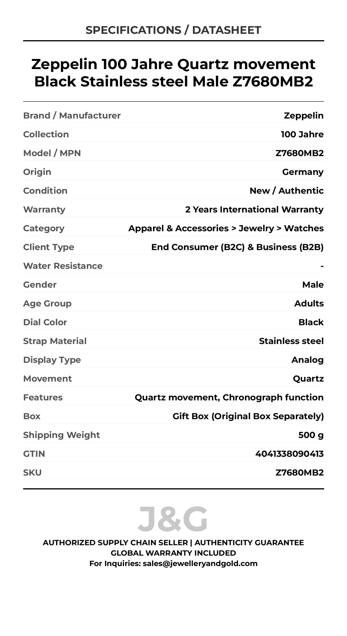 Zeppelin 100 Jahre Quartz movement Black Stainless steel Male Z7680MB2 - Specifications