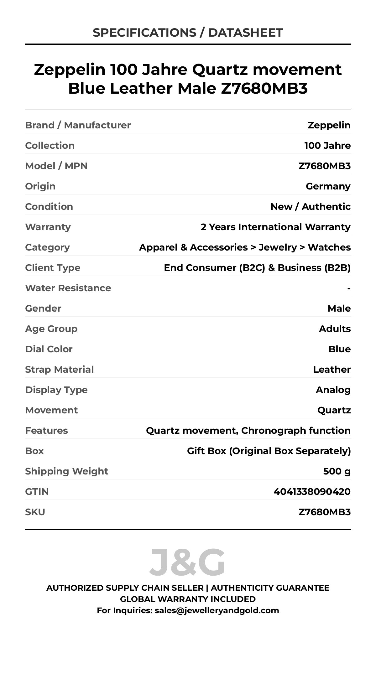 Zeppelin 100 Jahre Quartz movement Blue Leather Male Z7680MB3 - Specifications