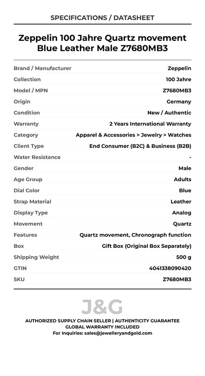 Zeppelin 100 Jahre Quartz movement Blue Leather Male Z7680MB3 - Specifications