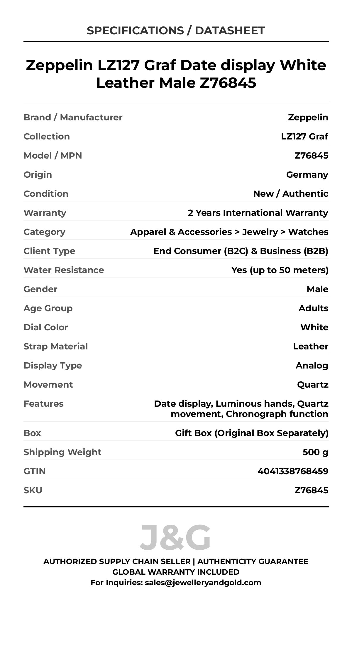 Zeppelin LZ127 Graf Date display White Leather Male Z76845 - Specifications