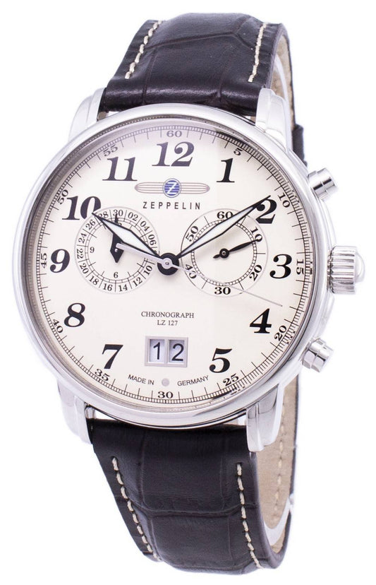 Zeppelin LZ127 Graf Date display White Leather Male Z76845. A brand-new Zeppelin LZ127 Graf watch featuring a White dial and a Leather strap. Angled view.