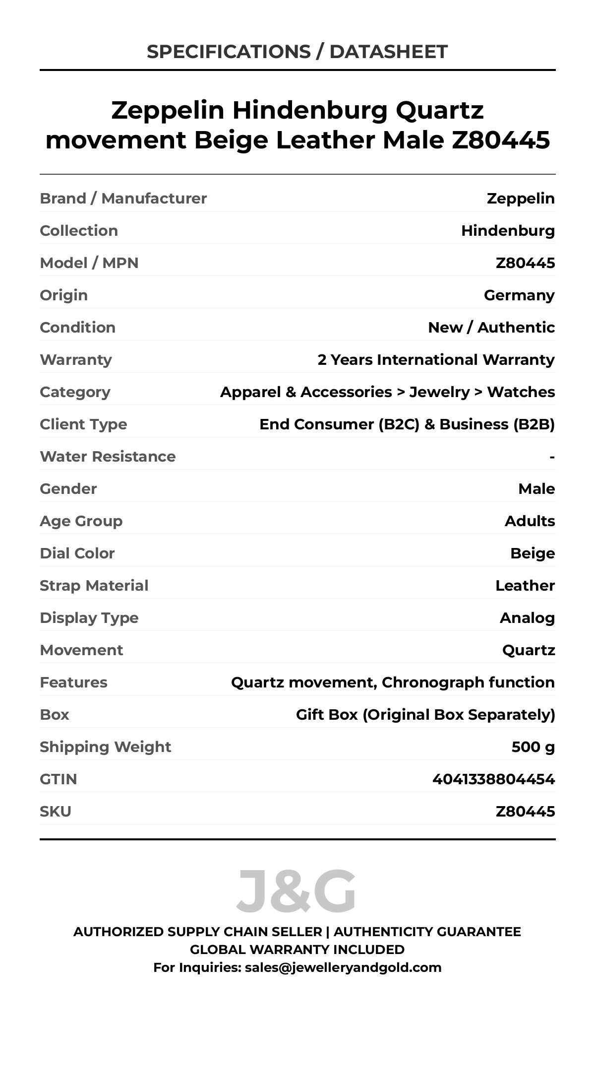 Zeppelin Hindenburg Quartz movement Beige Leather Male Z80445 - Specifications