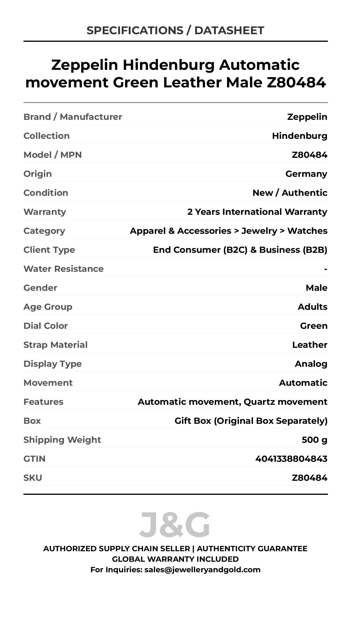 Zeppelin Hindenburg Automatic movement Green Leather Male Z80484 - Specifications