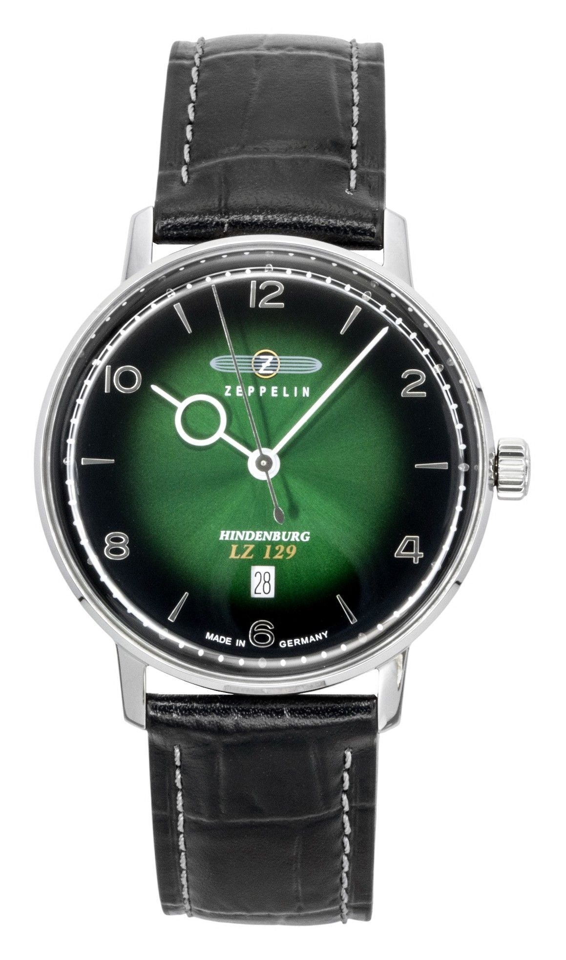 Zeppelin Hindenburg Automatic movement Green Leather Male Z80484. A brand-new Zeppelin Hindenburg watch featuring a Green dial and a Leather strap. Front view.