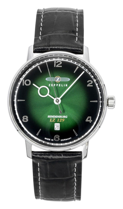 Zeppelin Hindenburg Automatic movement Green Leather Male Z80484. A brand-new Zeppelin Hindenburg watch featuring a Green dial and a Leather strap. Front view.