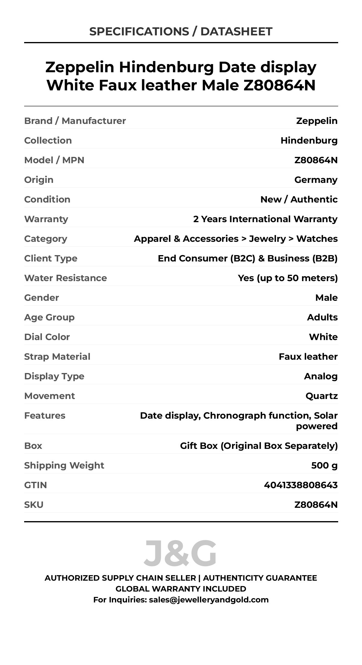 Zeppelin Hindenburg Date display White Faux leather Male Z80864N - Specifications