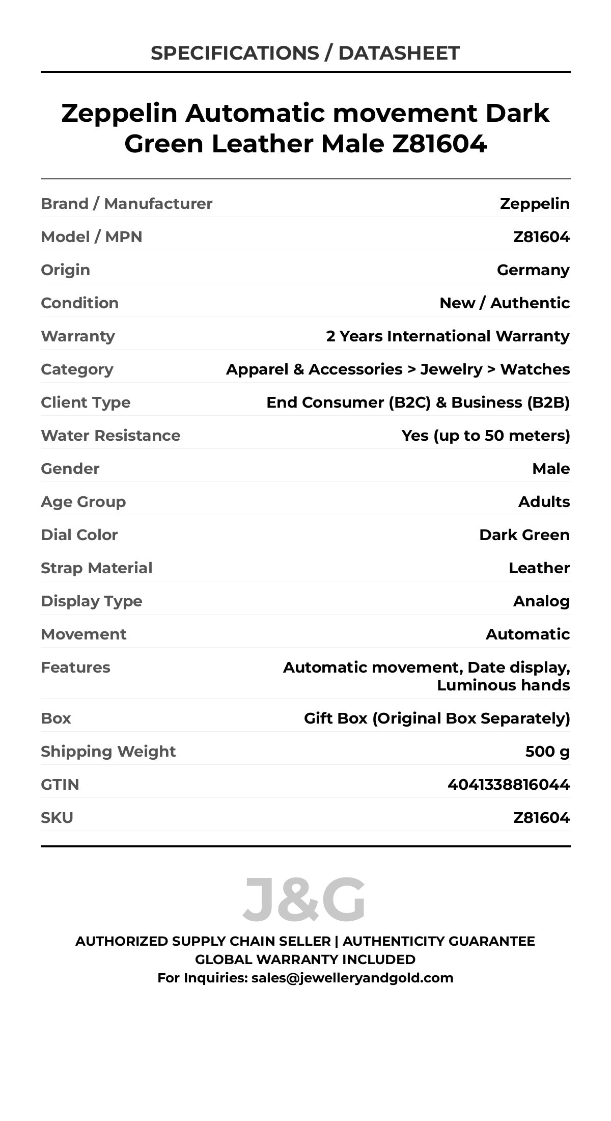Zeppelin Automatic movement Dark Green Leather Male Z81604 - Specifications