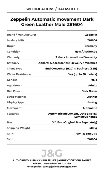 Zeppelin Automatic movement Dark Green Leather Male Z81604 - Specifications