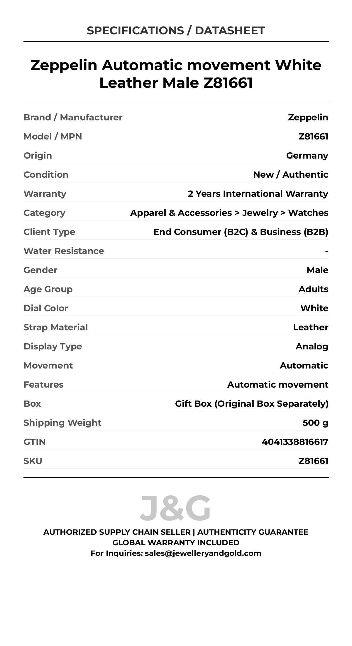 Zeppelin Automatic movement White Leather Male Z81661 - Specifications